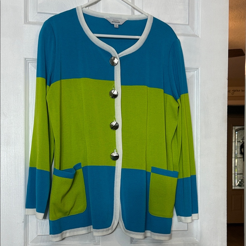 Exclusively Misook Blue and Lime Green Cardigan Sweater XL Vintage